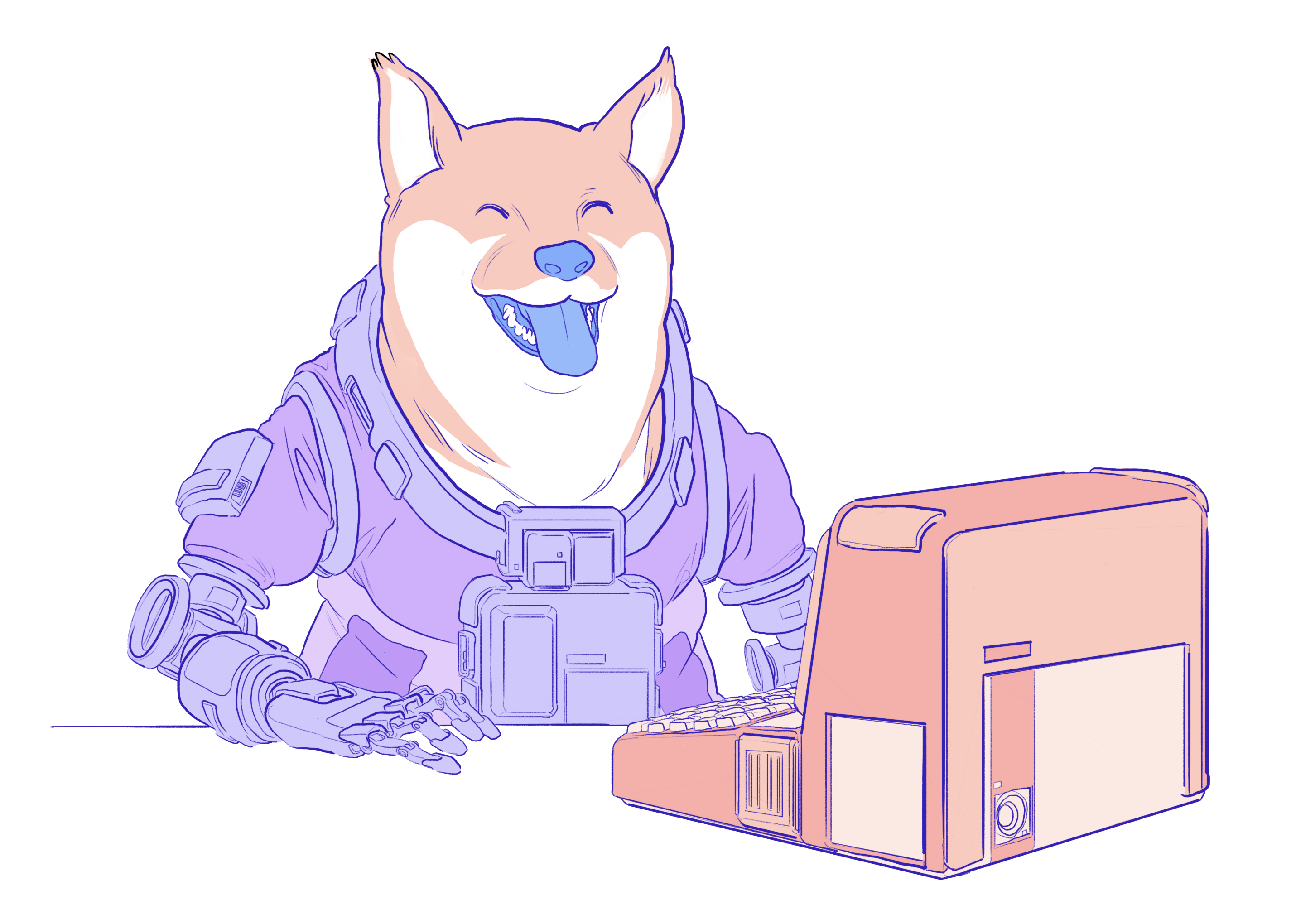 Illustration of a doge using a dapp on a computer