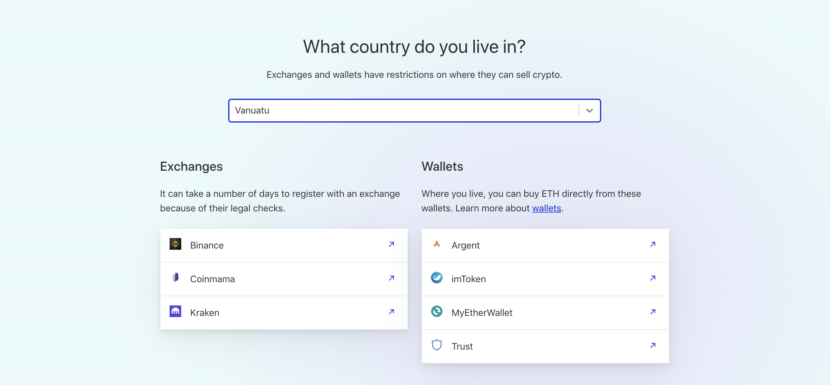 Screenshot of the country selector function at ethereum.org/en/get-eth