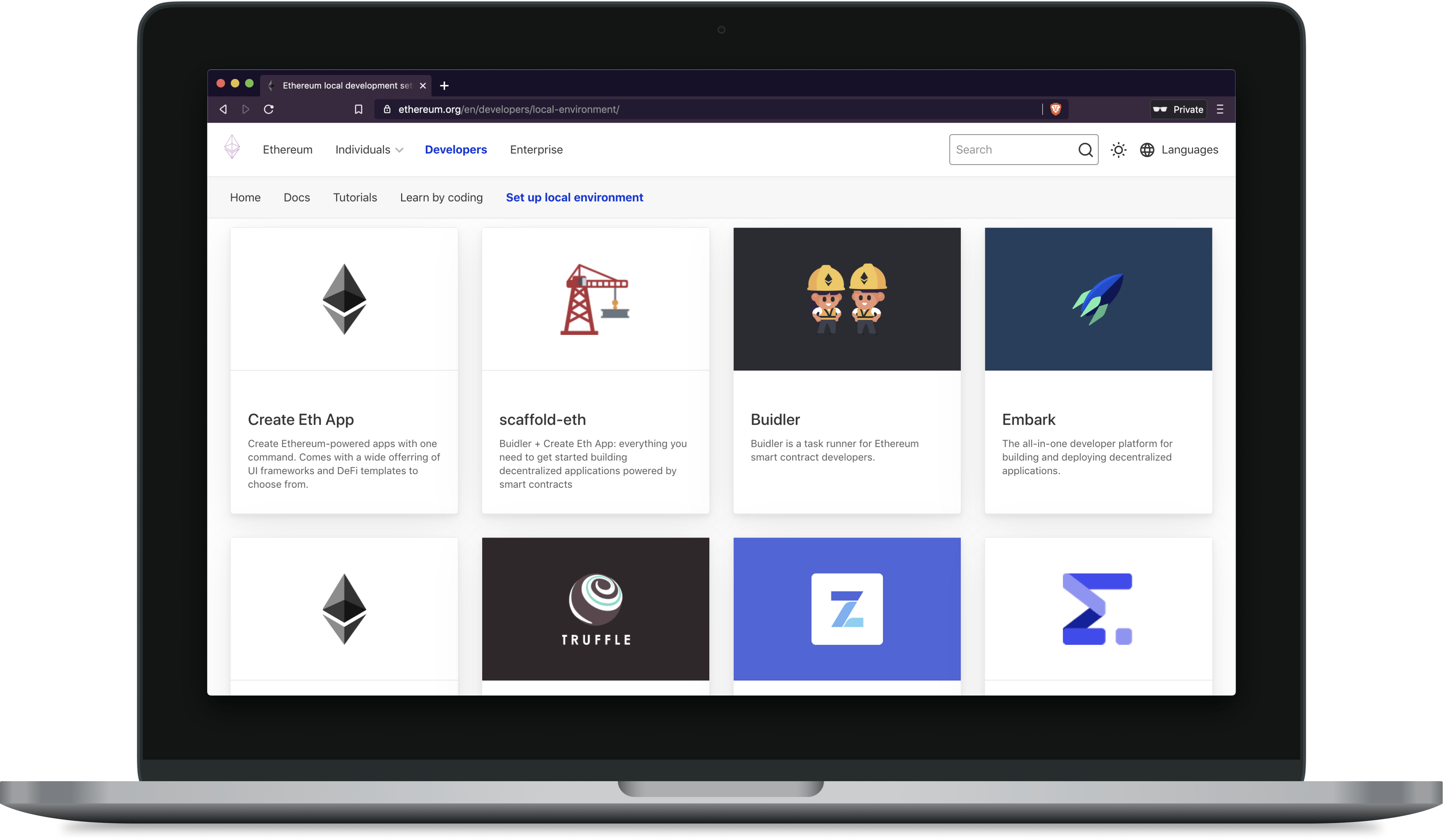 The new ethereum.org developer portal links to frameworks